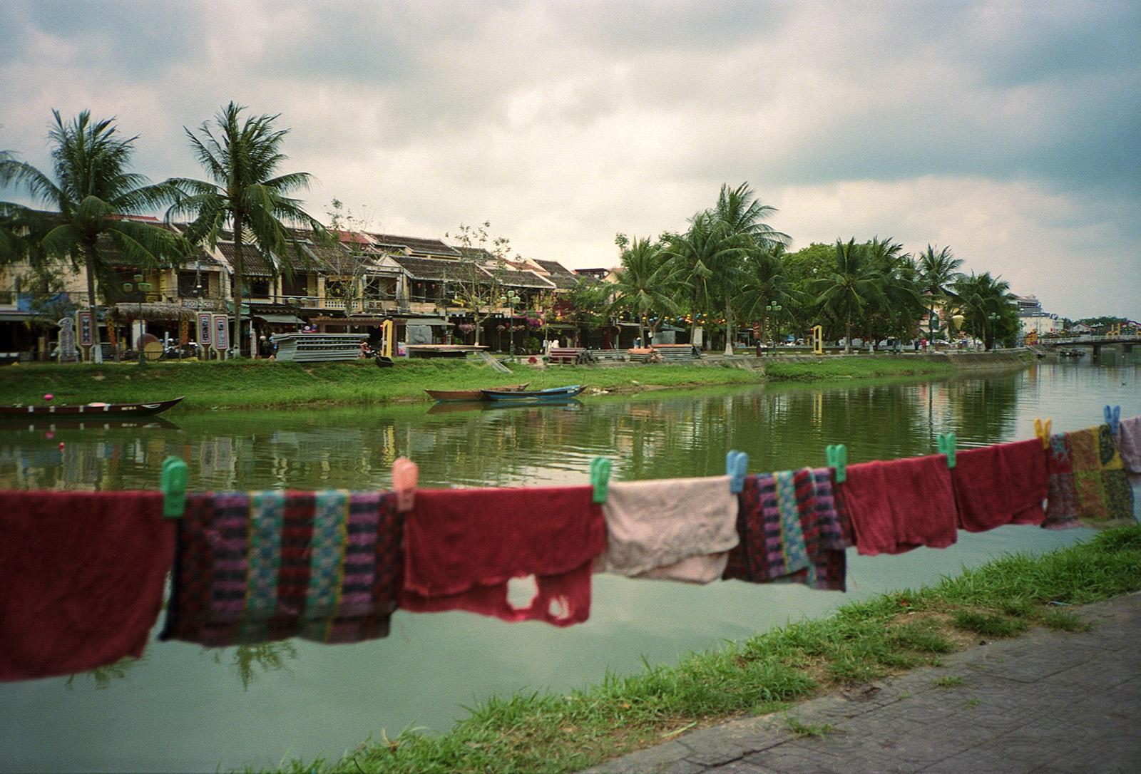 Clothes on the washing line overlooking Thu Bồn River in Hoi An, Vietnam.