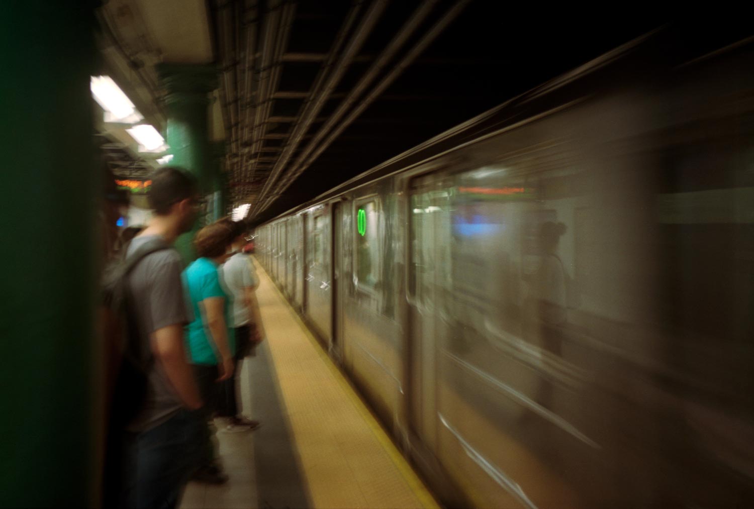 Fast moving subway metro train, manhattan New York.